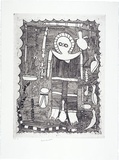 Artist: b'KARADADA, Rosie' | Title: b'not titled [Wandjina figure with bush bucket and tomahawk]' | Date: 1998 | Technique: b'etching, printed in black ink, from one plate' | Copyright: b'\xc2\xa9 Rosie Karadada, Licensed by VISCOPY, Australia'