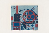 Artist: b'MEYER, Bill' | Title: b'Machines' | Date: 1969 | Technique: b'linocut, printed in two colours, by reduction block process' | Copyright: b'\xc2\xa9 Bill Meyer'