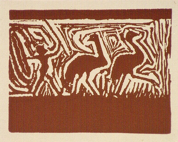 Artist: b'MOIRA' | Title: b'Greeting card: (Dancing emus)' | Date: (1950s) | Technique: b'linocut, printed in brown ink, from one block'