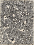 Artist: Wungi, Cecil King. | Title: not titled [composition with man, animals and crocodile] | Date: c.1981 | Technique: photo-screenprint, printed in black ink, from one stencil