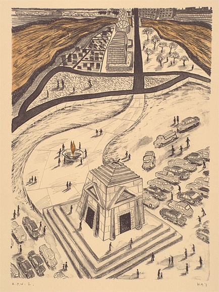 Artist: b'Hay, Bill.' | Title: b'The shrine' | Date: 1989, June - August | Technique: b'lithograph, printed in black ink, from one stone; hand-coloured'