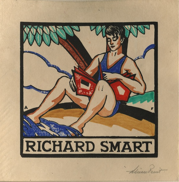 Artist: b'FEINT, Adrian' | Title: b'Bookplate: Richard Smart.' | Date: (1927) | Technique: b'wood-engraving, printed in black ink, from one block; hand-coloured' | Copyright: b'Courtesy the Estate of Adrian Feint'