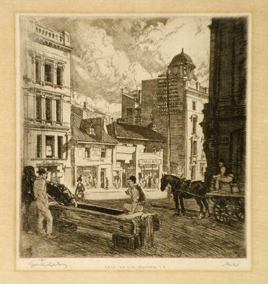 Artist: b'LINDSAY, Lionel' | Title: b'Last of old Hunter Street, Sydney' | Date: 1916 | Technique: b'etching, printed in brown ink, from one plate' | Copyright: b'Courtesy of the National Library of Australia'