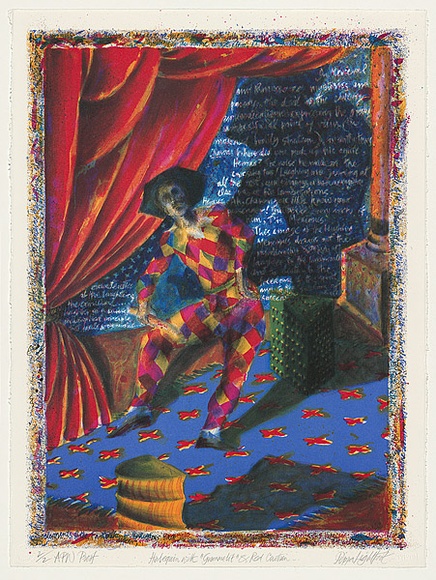Artist: b'Lightfoot, Pippa.' | Title: b'Harlequin with grammelot [?] and red curtain' | Date: 1989 - 2002 | Technique: b'lithograph, printed in colour, from multiple stones' | Copyright: b'\xc2\xa9 Pippa Lightfoot, artist'