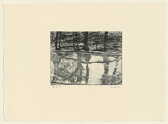 Artist: b'Murphey, Idris.' | Title: b'Not titled [ambiguous landscape- tree trunks reflected in water].' | Date: 2002 | Technique: b'open-bite and aquatint, printed in green/black ink, from one plate'