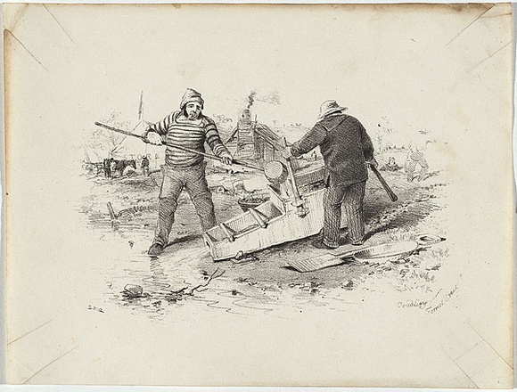 Artist: b'GILL, S.T.' | Title: b'Cradling, Forrest Creek.' | Date: 1852 | Technique: b'lithograph, printed in black ink, from one stone'