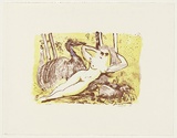 Artist: b'Pugh, Clifton.' | Title: b'Leda and the emu [2]' | Date: 1988, July | Technique: b'lithograph, printed in colour, from two stones; hand-coloured'