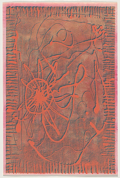 Artist: b'WORSTEAD, Paul' | Title: b'not titled [gold back-orange wiggle].' | Date: 1971 | Technique: b'screenprint, printed in colour, from three stencils' | Copyright: b'This work appears on screen courtesy of the artist'