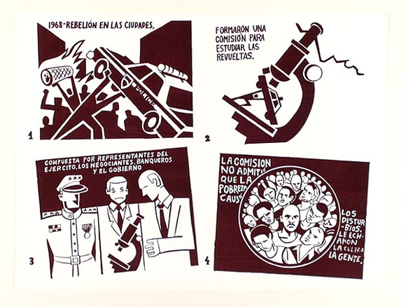 Artist: b'Black Cat Collective.' | Title: b'1968 Rebelion en las Ciudades 1-4.' | Date: c.1986 | Technique: b'screenprint, printed in brown ink, from one stencil'