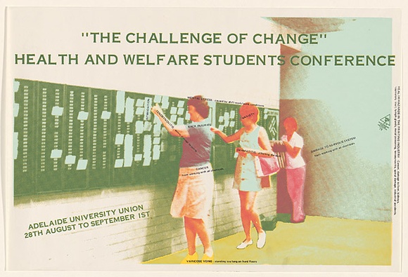 Artist: b'EARTHWORKS POSTER COLLECTIVE' | Title: b'The challenge of change'. Health and welfare students conference. | Date: 1978 | Technique: b'screenprint, printed in colour, from multiple stencils' | Copyright: b'\xc2\xa9 Marie McMahon. Licensed by VISCOPY, Australia'