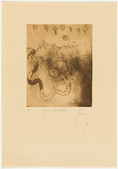 Artist: Olsen, John. | Title: Forever the snake | Date: 1978 | Technique: etching and aquatint, printed in green/brown ink with plate-tone, from one plate | Copyright: © John Olsen. Licensed by VISCOPY, Australia