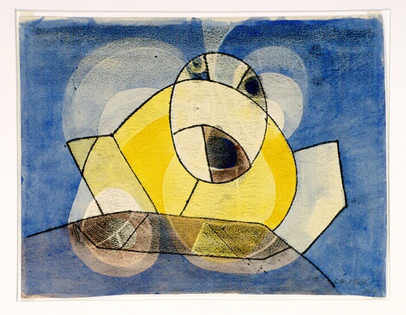 Artist: b'Hirschfeld Mack, Ludwig.' | Title: b(Abstract in blue and yellow) [recto]; (Study for 'Abstract in blue and yellow') [verso] | Date: (1964) | Technique: b'transfer print; watercolour addition (recto)'