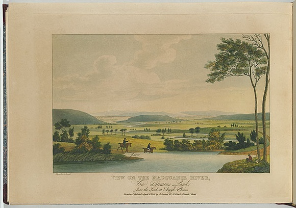 Artist: b'LYCETT, Joseph' | Title: bView on the Macquarie River, Van Diemen's Land, near the Ford at Argyle Plains. | Date: 1825 | Technique: b'etching and aquatint, printed in black ink, from one copper plate; hand-coloured'