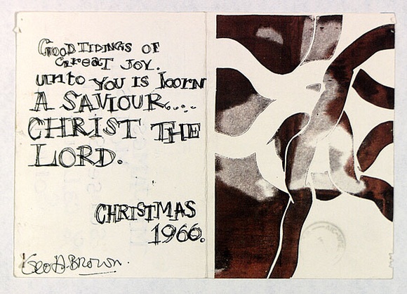 Artist: b'Brown, Geoffrey' | Title: b'Greeting card: Christmas 1966.' | Date: 1966 | Technique: b'screenprint, printed in brown ink, from one screen'