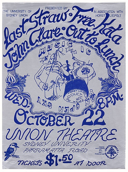 Artist: b'EARTHWORKS POSTER COLLECTIVE' | Title: b'Music is an open sky. Last straw, Free Kata, John Clare, Out to lunch.' | Date: 1975 | Technique: b'screenprint, printed in blue ink, from one stencil'