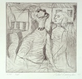Artist: b'Birmingham, Richard.' | Title: b'not titled [two figures, one stretching his neck]' | Date: 1989 | Technique: b'etching, printed in black ink, from one plate'