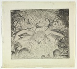 Artist: b'BOYD, Arthur' | Title: bNude washing in a creek with watching head and ram's head. | Date: (1962-63) | Technique: b'etching, printed in black ink, from one plate' | Copyright: b'Reproduced with permission of Bundanon Trust'