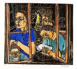 Artist: ZOFREA, Salvatore | Title: Letters from Australia are read to woman. | Date: 1989 | Technique: woodcut, printed in black, from one block; hand-coloured | Copyright: © Salvatore Zofrea, 1989
