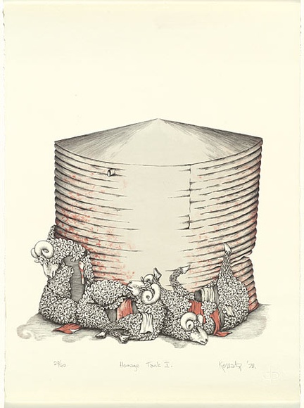 Artist: Kossatz, Les. | Title: Homage tank I. | Date: 1978 | Technique: lithograph, printed in black ink, from one stone [or plate] | Copyright: © Les Kossatz. Licensed by VISCOPY, Australia