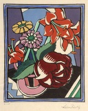 Artist: FEINT, Adrian | Title: (Vase of flowers). | Date: 1929 | Technique: wood-engraving, printed in black ink, from one block; hand-coloured | Copyright: Courtesy the Estate of Adrian Feint