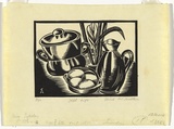 Artist: b'McMillan, Chloe.' | Title: b'Still life' | Date: c.1934 | Technique: b'linocut, printed in black ink, from one block'