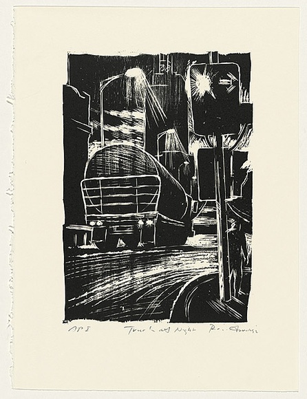 Artist: b'AMOR, Rick' | Title: b'Truck at night.' | Date: 1992 | Technique: b'woodcut, printed in black ink, from one block'