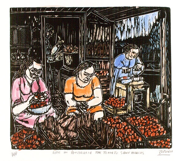 Artist: b'ZOFREA, Salvatore' | Title: b'Life in Australia. The tomato sauce makers.' | Date: 1989 | Technique: b'woodcut, printed in black, from one block; hand-coloured' | Copyright: b'\xc2\xa9 Salvatore Zofrea, 1989'