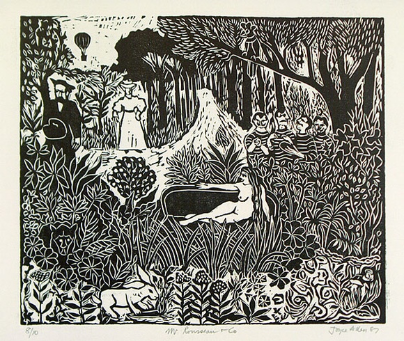 Artist: b'Allen, Joyce.' | Title: b'Mr Rousseau and Co.' | Date: 1987 | Technique: b'linocut, printed in black ink, from one block'