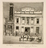 Artist: LINDSAY, Lionel | Title: Old Queen's Theatre, Queen Street, Melbourne | Date: 1917 | Technique: etching, printed in black ink with plate-tone, from one plate | Copyright: Courtesy of the National Library of Australia