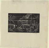 Artist: b'Jack, Kenneth.' | Title: b'Hotel outbuildings, Berwick' | Date: 1953 | Technique: b'line-engraving, printed in relief in black ink, from one perspex plate' | Copyright: b'\xc2\xa9 Kenneth Jack. Licensed by VISCOPY, Australia'