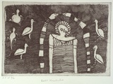 Artist: b'KARADADA, Rosie' | Title: b'not titled [Wandjina figure flanked by two snakes, birds, turtle and goanna]' | Date: 2000, October | Technique: b'etching, printed in black ink, from one plate'