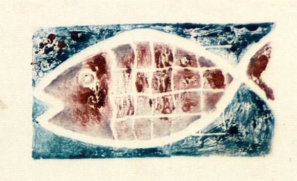 Artist: b'Brash, Barbara.' | Title: b'(Fish).' | Date: c.1955 | Technique: b'linocut, printed in colour, from three blocks'