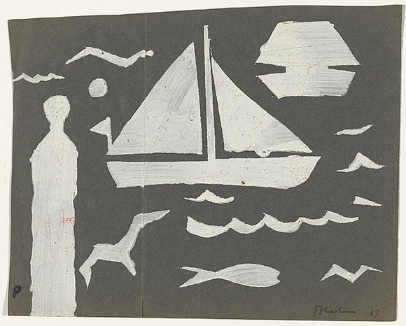 Artist: b'Blackman, Charles.' | Title: b'not titled [boats, birds and figure].' | Date: c.1952 | Technique: b'screenprint, printed in white ink, from one stencil'