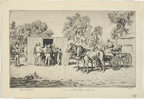 Artist: b'LINDSAY, Lionel' | Title: b'Mail and post office, Cracow, Queensland' | Date: 1932 | Technique: b'etching, printed in brown ink with plate-tone, from one plate' | Copyright: b'Courtesy of the National Library of Australia'