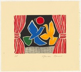 Artist: b'RENNIE, Marian' | Title: b'Not titled [two birds and red sun framed by red curtains].' | Date: 1995 | Technique: b'screenprint, printed in colour, from seven stencils'