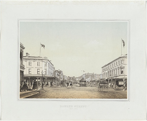 Artist: b'Cogne, Francois.' | Title: b'Bourke Street.' | Date: 1863-64 | Technique: b'lithograph, printed in colour, from two stones'