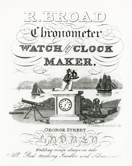 Artist: Carmichael, John. | Title: R.Broad chronometer watch and clock maker | Date: 1833 | Technique: engraving, printed in blue ink, from one copper plate