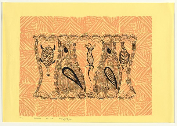 Artist: b'Giles (Kurwingie), Kerry.' | Title: b'Bush tucker' | Date: 1990s | Technique: b'linocut, printed in colour, from two blocks'