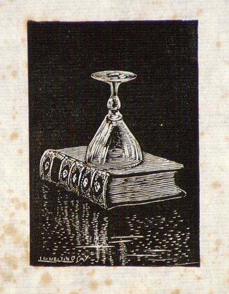 Artist: b'LINDSAY, Lionel' | Title: b'(Upturned glass and closed book)' | Date: 1950 | Technique: b'wood-engraving, printed in black ink, from one block' | Copyright: b'Courtesy of the National Library of Australia'