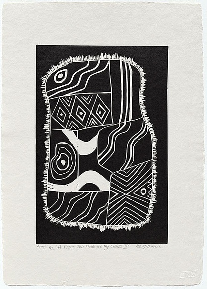 Artist: b'Darroch, Lee J.' | Title: b'A possum skin cloak for my sisters II' | Date: 2000, December | Technique: b'linocut, printed in black ink, from one block' | Copyright: b'\xc2\xa9 Lee Darroch, artist'