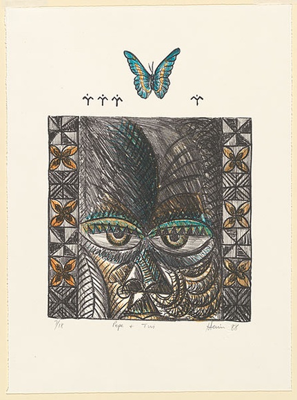 Artist: bFeu'u, Fatu | Title: b'Pepe and Tui.' | Date: 1988 | Technique: b'lithograph, printed in colour, from multiple stones [or plates]' | Copyright: b\xc2\xa9 Fatu Feu'u