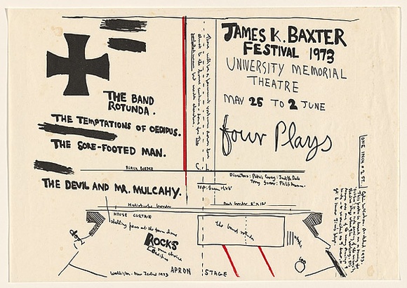 Title: b'James K Baxter festival' | Date: 1973 | Technique: b'offset-lithograph, printed in colour, from two matrices'