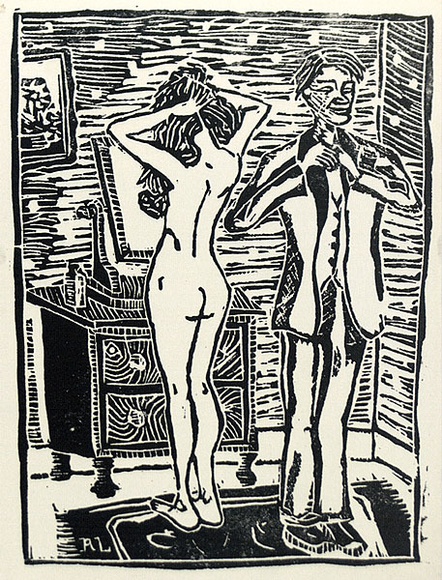 Artist: b'Larter, Richard.' | Title: b'Woman and man (one of 2): from the Age of reason' | Date: c.1958 | Technique: b'linocut, printed in black ink, from one block'