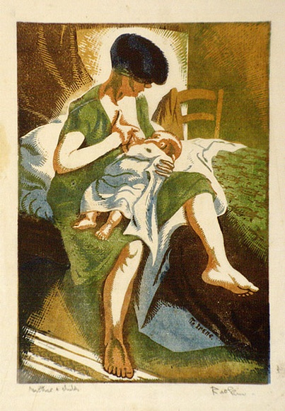 Artist: b'Hawkins, Weaver.' | Title: b'Mother and child' | Date: c.1928 | Technique: b'woodcut, printed in colour, from multiple blocks' | Copyright: b'The Estate of H.F Weaver Hawkins'
