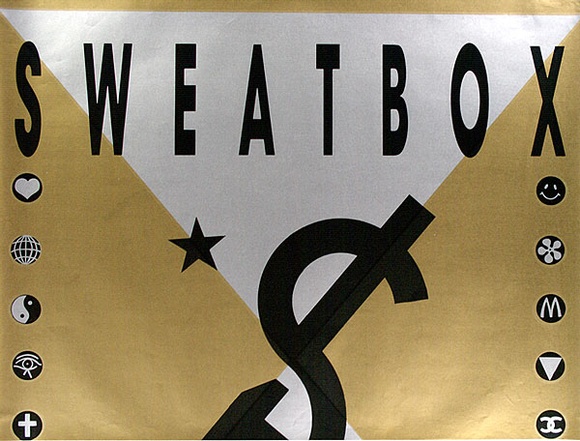 Artist: b'Sweatbox Productions.' | Title: b'Sweatbox. Sign of the times [large version, top]' | Date: (1989) | Technique: b'screenprint, printed in gold, silver and black ink, from three stencils'