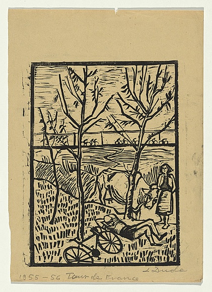 Artist: Groblicka, Lidia. | Title: Tour de France | Date: 1955-56 | Technique: woodcut, printed in black ink, from one block