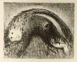Artist: b'BOYD, Arthur' | Title: b'The Wolf of Gubbio with St Francis in a bent tree.' | Date: (1965) | Technique: b'lithograph, printed in black ink, from one plate' | Copyright: b'Reproduced with permission of Bundanon Trust'