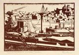 Artist: b'Hawkins, Weaver.' | Title: b'Grand harbour, Valletta, Malta' | Date: c.1928 | Technique: b'wood-engraving, printed in brown ink, from one block' | Copyright: b'The Estate of H.F Weaver Hawkins'