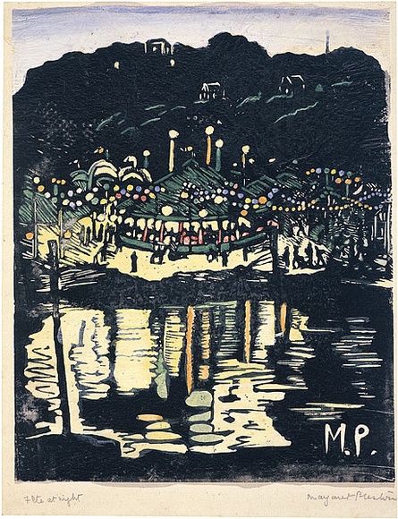 Artist: b'PRESTON, Margaret' | Title: b'Red Cross Fete, Mosman.' | Date: 1920 | Technique: b'woodcut, printed in black ink, from one block; hand-coloured' | Copyright: b'\xc2\xa9 Margaret Preston. Licensed by VISCOPY, Australia'