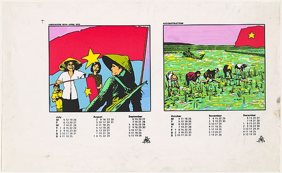 Title: Calendar: Australia Vietnam society 1982 - July - Dec | Date: 1981 | Technique: [NLF flag] screenprint, printed in colour, from seven stencils
[Vietnamese flag] screenprint, printed in colour, from six stencils